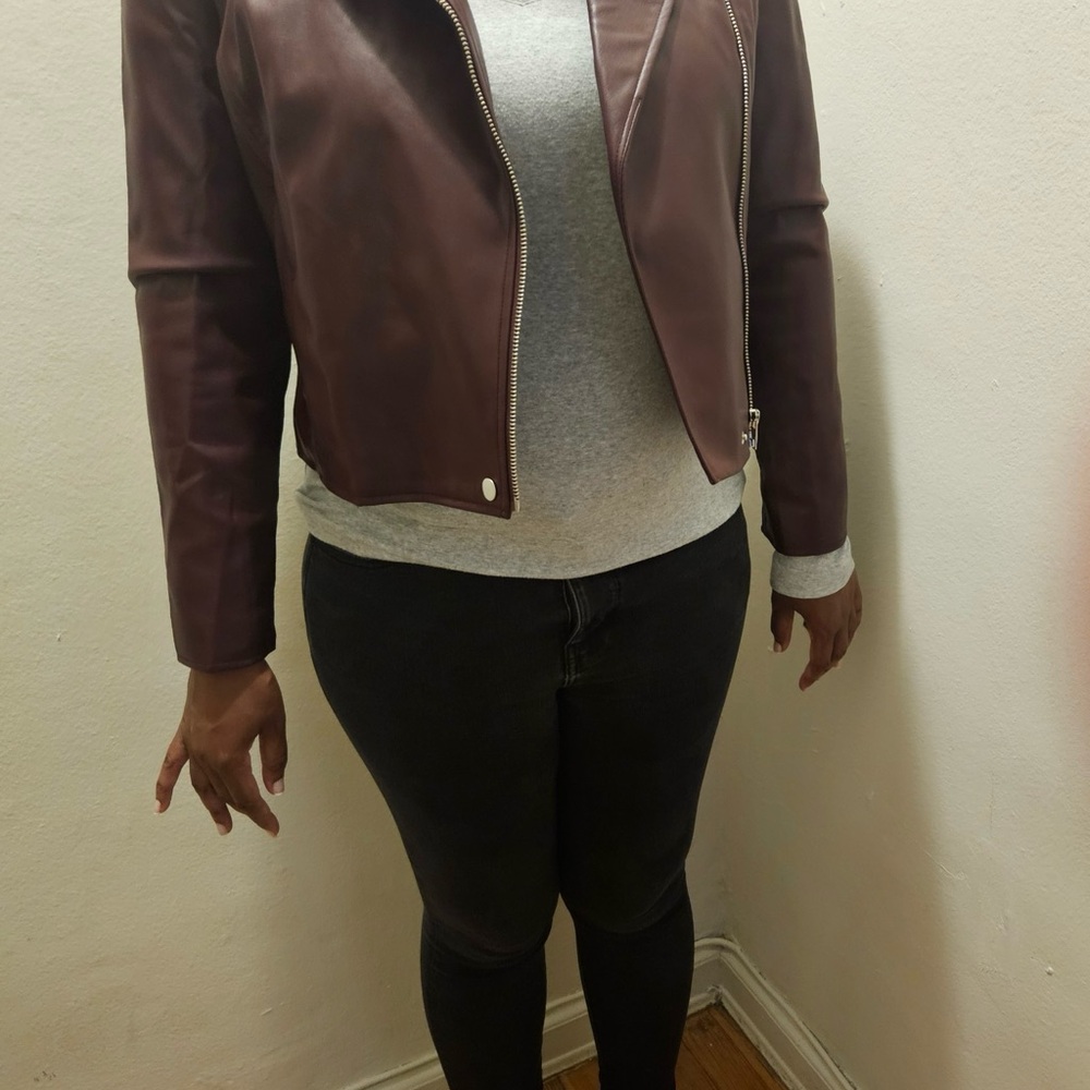 INC International Concepts Maroon Faux Leather Moto Jacket Fitted Silhouette